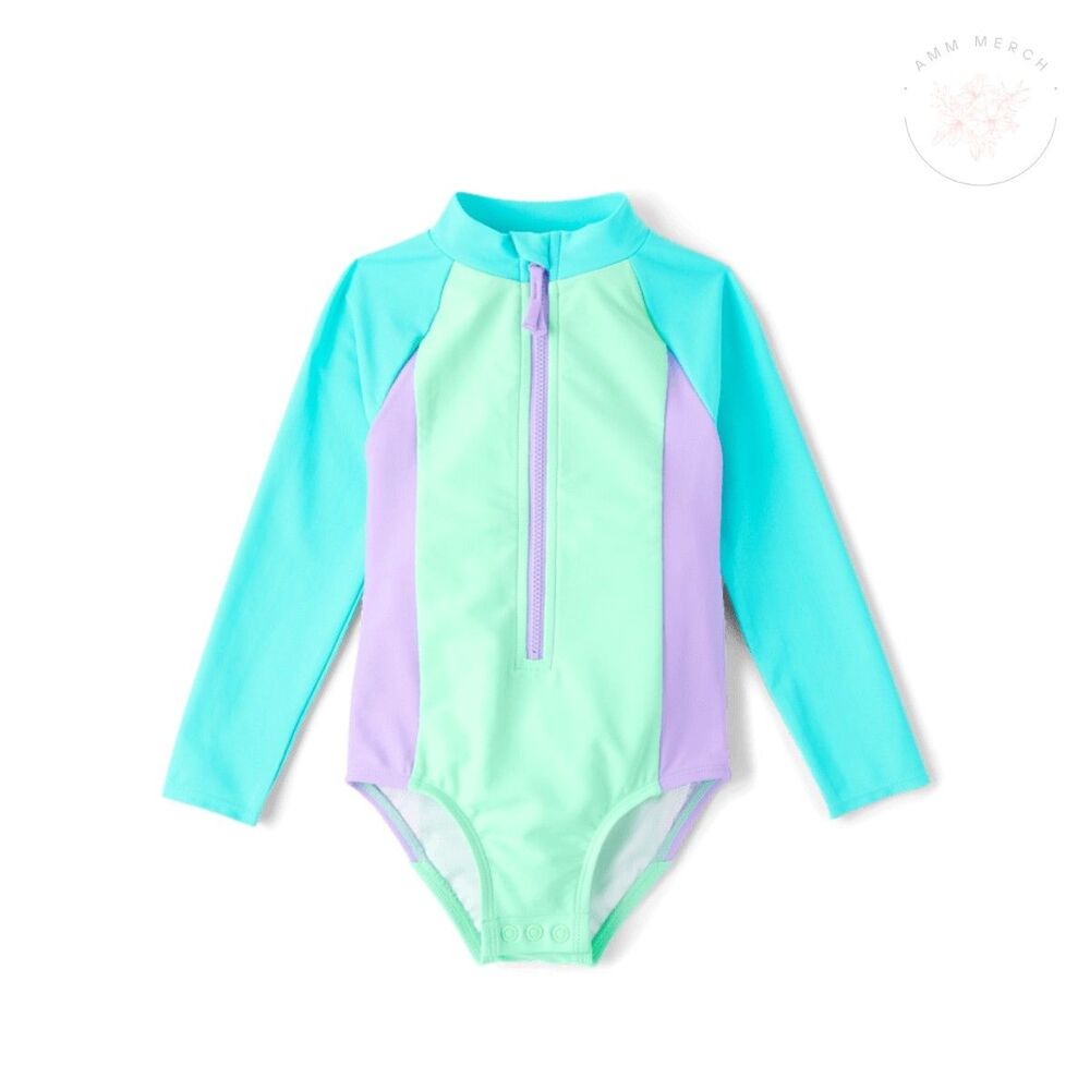 The Children's Place Girls' One Piece Half Zip Long-Sleeve Swimsuit Sz M NWT